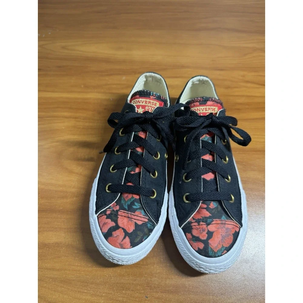 Converse All Star Low Top Youth Size 13 Floral Black Gold Eyelet Sneakers Shoes
